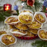 En hög med gyllene kanelbullar, strösslade med pärlsocker, i vita pappersformar. En röd ljusstake och blommor i bakgrunden ger en mysig känsla. Perfekt för att visa hur förvarar man bullar bäst.