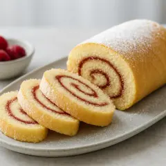 En saftig rulltårta med syltfyllning, pudrad med florsocker. Perfekt för ett enkelt rulltårta recept.