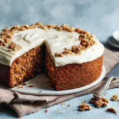 En saftig morotskaka, som Frida bakat, med krämig frosting och valnötter. En bit är bortskuren.