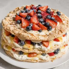 En imponerande pinocchiotårta med lager av maräng, vispad grädde, färska jordgubbar, blåbär och en syrlig lemoncurd.