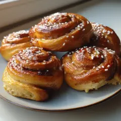En tallrik med gyllene, nybakade goda vetebullar, toppade med pärlsocker. Perfekt för fikat!