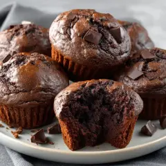 En tallrik med chokladmuffins, några med bitar av choklad på toppen. En muffin är uppäten och visar den saftiga insidan.
