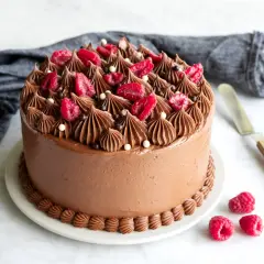 En lyxig tårta med chokladbotten, toppad med chokladfrosting, färska hallon och chokladkulor. Perfekt för alla chokladälskare!