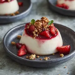 Krämig dessert med jordgubbar och smulor, gjord med agar agar.