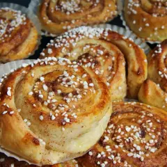 En tina med gyllene, nybakade kanelbullar toppade med pärlsocker. Perfekt för fika.