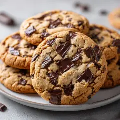 En hög med choklad cookies, rikligt med chokladbitar, ligger på en tallrik.