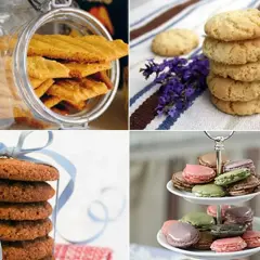 En burk fylld med krispiga danska småkakor, en stapel ljusa kakor med lavendel, en bunt mörka kakor med blått band och en tvåvåningsbricka med färgglada macarons.