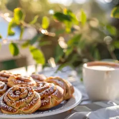 En tallrik med kanelbullar, pudrade med florsocker, står bredvid en kopp kaffe i solljuset. En härlig kanelbulle längd för en fika.