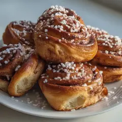 En hög med gyllene kanelbullar, toppade med pärlsocker. Perfekta att baka med torrjäst för en fika.