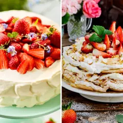 Två vackra jordgubbstårtor, perfekta för midsommarfirande. Den ena är en klassisk gräddtårta, den andra en marängtårta med jordgubbar.