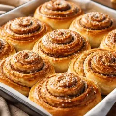 Nybakade kanelbullar i en form, gyllene och doftande. Denna kanelbulle deg har jäst till perfektion.
