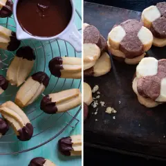Två sorters annorlunda småkakor: chokladdoppade och schackrutiga. En härlig syn för alla fikasugna!