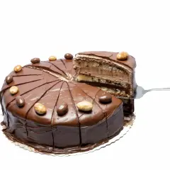 En chokladig nutellatårta med flera lager, en bit lyfts upp med en tårtspade. Perfekt för ett nutellatårta recept.