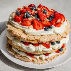 En härlig glutenfri pinocchiotårta med marängbottnar, vispad grädde och färska bär som jordgubbar och blåbär.