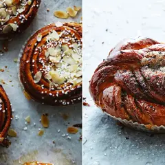 Två sorters kanelbullar, en med mandel och pärlsocker, den andra glaserad och strödd med kardemumma. Perfekt för fika med snabbjäst!