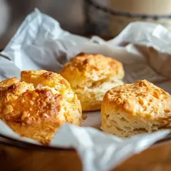 Tre gyllene scones, perfekta att baka utan jäst. Lätta och luftiga, redo att avnjutas med sylt och grädde.