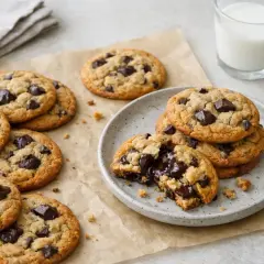 Saftiga chocolate chip cookies, perfekta för ett enkelt recept. En av kakorna är bruten och visar smält choklad.