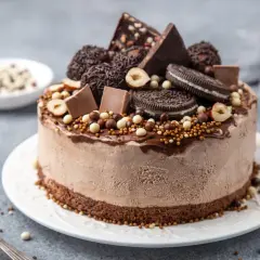 En chokladig glass tårta dekorerad med chokladbitar, oreos, hasselnötter och strössel. Perfekt för en fest!