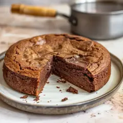 En saftig kladdkaka med choklad, perfekt för en mysig fikastund. En bit är redan uppskuren och visar den härliga chokladkärnan.