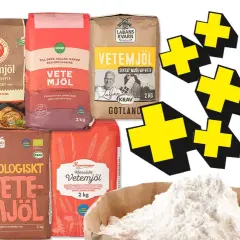 Flera sorters vetemjöl, inklusive vetemjöl special, för bakning. En röd kryss över en brödlimpa indikerar att det inte är lämpligt.