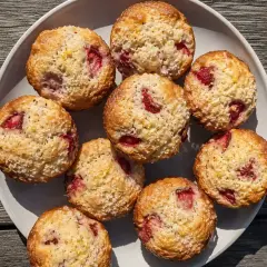 En tallrik med fluffiga muffins med jordgubbar, toppade med socker och citronskal. Perfekt för fika!