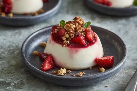 Krämig dessert med jordgubbar och smulor, gjord med agar agar.