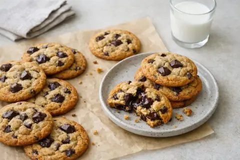 Saftiga chocolate chip cookies, perfekta för ett enkelt recept. En av kakorna är bruten och visar smält choklad.