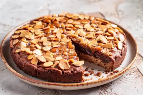 Kladdkaka med mandel och kolasås, perfekt för ett enkelt kladdkaka recept.
