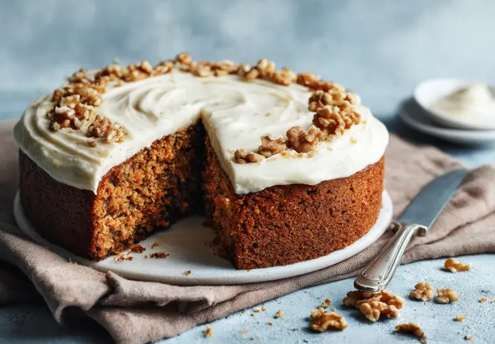En saftig morotskaka, som Frida bakat, med krämig frosting och valnötter. En bit är bortskuren.