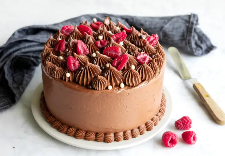 En lyxig tårta med chokladbotten, toppad med chokladfrosting, färska hallon och chokladkulor. Perfekt för alla chokladälskare!