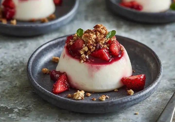 Krämig dessert med jordgubbar och smulor, gjord med agar agar.