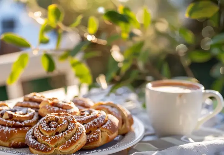 En tallrik med kanelbullar, pudrade med florsocker, står bredvid en kopp kaffe i solljuset. En härlig kanelbulle längd för en fika.