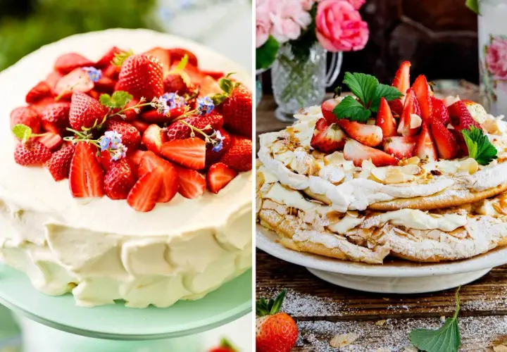 Två vackra jordgubbstårtor, perfekta för midsommarfirande. Den ena är en klassisk gräddtårta, den andra en marängtårta med jordgubbar.