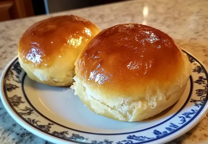 Två gyllene bullar med sylt på en tallrik. Perfekta för fika.