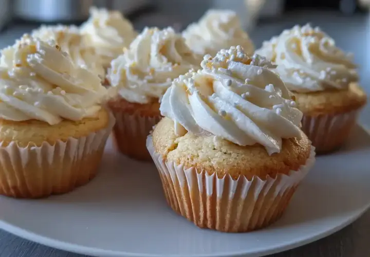Fluffiga cupcakes med vit frosting och strössel, perfekta för ett enkelt cupcakes recept.