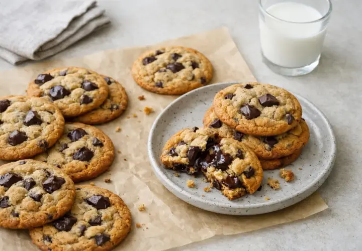Saftiga chocolate chip cookies, perfekta för ett enkelt recept. En av kakorna är bruten och visar smält choklad.