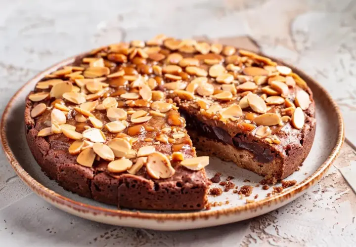 Kladdkaka med mandel och kolasås, perfekt för ett enkelt kladdkaka recept.