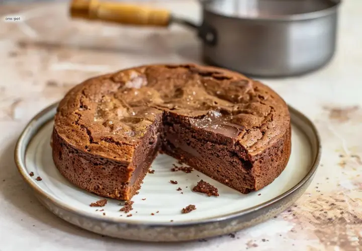En saftig kladdkaka med choklad, perfekt för en mysig fikastund. En bit är redan uppskuren och visar den härliga chokladkärnan.