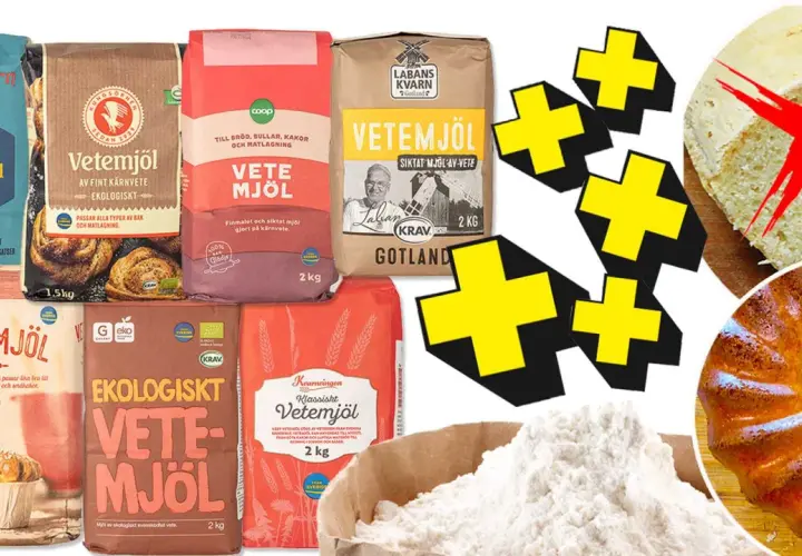 Flera sorters vetemjöl, inklusive vetemjöl special, för bakning. En röd kryss över en brödlimpa indikerar att det inte är lämpligt.