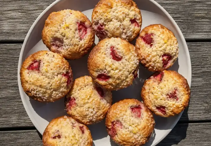 En tallrik med fluffiga muffins med jordgubbar, toppade med socker och citronskal. Perfekt för fika!