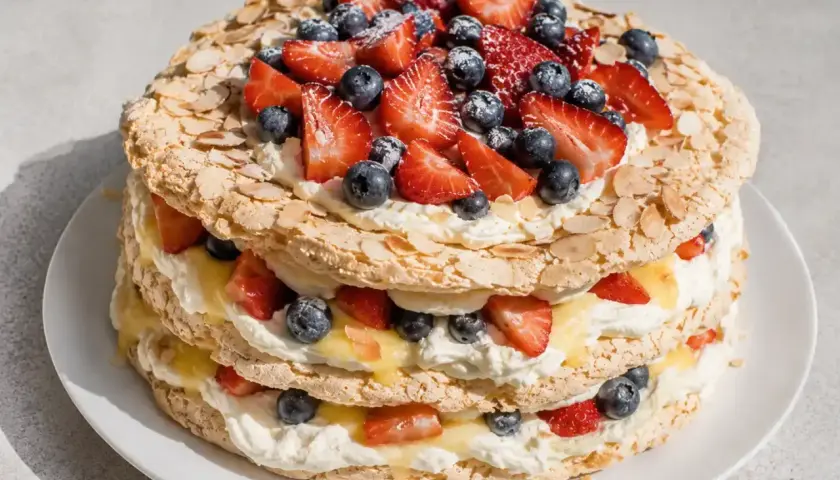 En imponerande pinocchiotårta med lager av maräng, vispad grädde, färska jordgubbar, blåbär och en syrlig lemoncurd.
