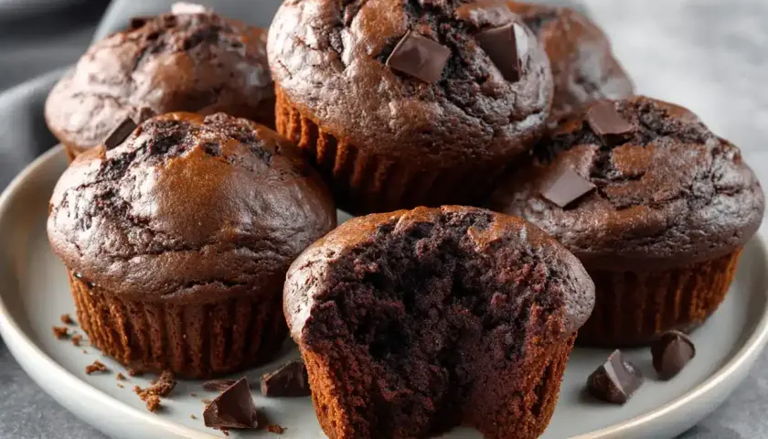 En tallrik med chokladmuffins, några med bitar av choklad på toppen. En muffin är uppäten och visar den saftiga insidan.