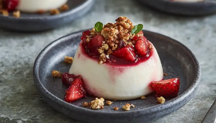 Krämig dessert med jordgubbar och smulor, gjord med agar agar.