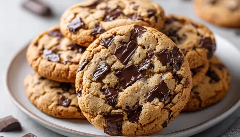 En hög med choklad cookies, rikligt med chokladbitar, ligger på en tallrik.