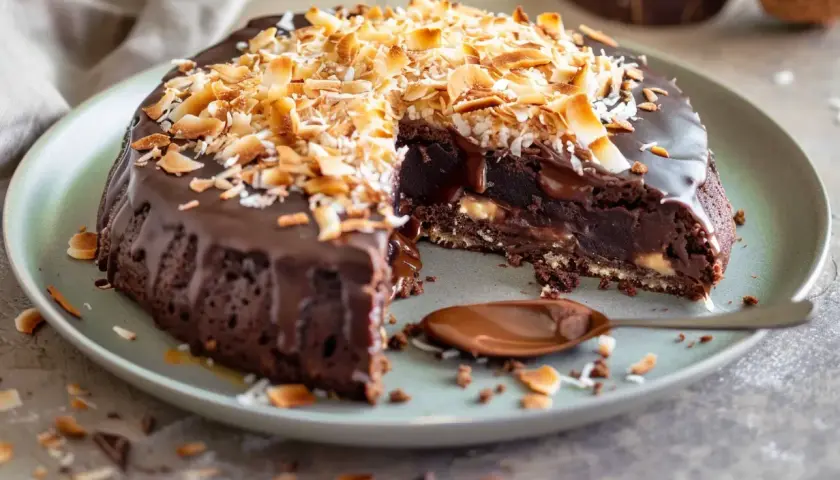 En saftig brownie med chokladglasyr och rostad kokostosca. En sked med chokladsås ligger bredvid.