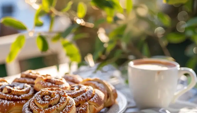En tallrik med kanelbullar, pudrade med florsocker, står bredvid en kopp kaffe i solljuset. En härlig kanelbulle längd för en fika.