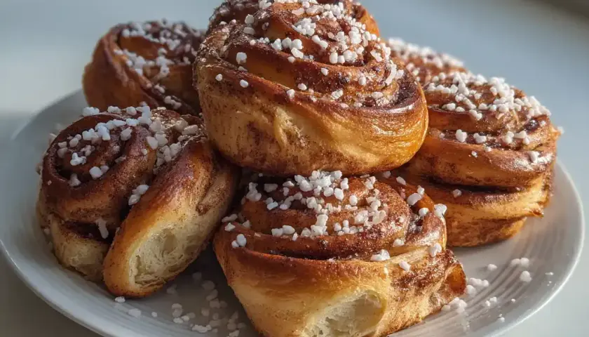 En hög med gyllene kanelbullar, toppade med pärlsocker. Perfekta att baka med torrjäst för en fika.