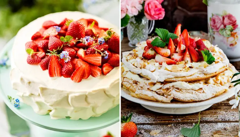 Två vackra jordgubbstårtor, perfekta för midsommarfirande. Den ena är en klassisk gräddtårta, den andra en marängtårta med jordgubbar.