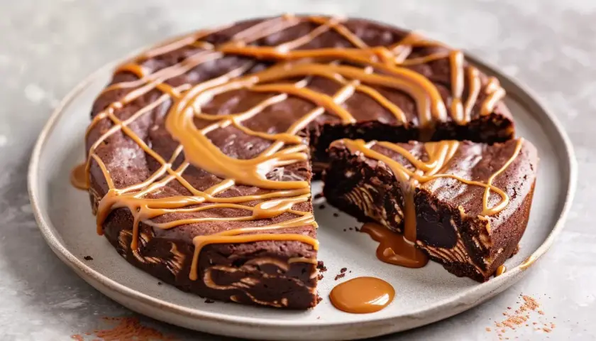 Chokladkaka med dulce de leche-glasyr, en bit är uppskuren och visar den rika chokladtexturen.
