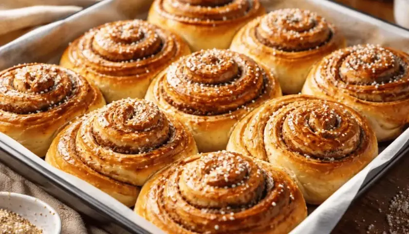 Nybakade kanelbullar i en form, gyllene och doftande. Denna kanelbulle deg har jäst till perfektion.
